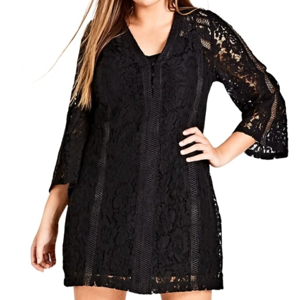 City Chic Innocent black long sleeve lace shift dress 24